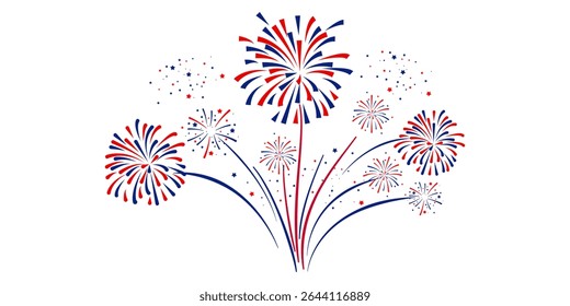 4th july Independence Day fireworks  .Red, blue fireworks for 4th of July .Fourth of July elements .United States of America celebration firecrackers . USA flag, exploding fireworks .