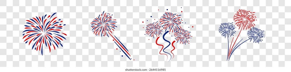 4th july Independence Day fireworks collection .Red, blue fireworks for 4th of July .Fourth of July elements .United States of America celebration firecrackers set. USA flag, exploding fireworks .
