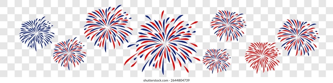 4th july Independence Day fireworks collection .Red, blue fireworks for 4th of July . Fourth of July elements . United States of America celebration firecrackers set. USA exploding fireworks .