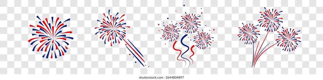 4th july Independence Day fireworks collection .Red, blue fireworks for 4th of July . Fourth of July elements . United States of America celebration firecrackers set. USA exploding fireworks .