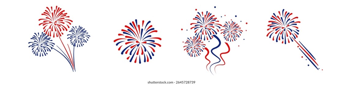 4th july Independence Day fireworks collection .Red, blue fireworks for 4th of July . Fourth of July elements . United States of America celebration firecrackers set. USA exploding fireworks .