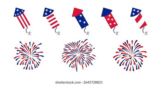 4th july Independence Day fireworks collection .Red, blue fireworks for 4th of July .Fourth of July elements .United States of America celebration firecrackers set. USA flag, exploding fireworks 