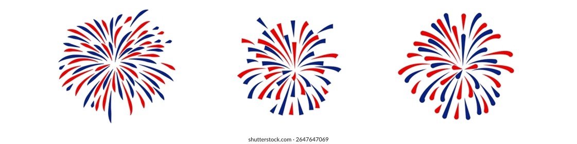 4th july Independence Day fireworks collection .Red, blue fireworks for 4th of July .Fourth of July elements .United States of America celebration firecrackers set. USA flag, exploding fireworks .