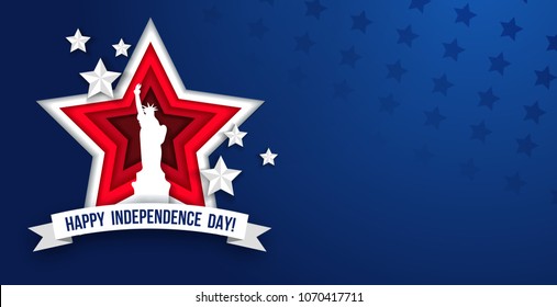 4th of july Independence day greeting card with paper cut effect. Paper cut red stars, ribbon and Liberty statue on blue background. Vector illustration
