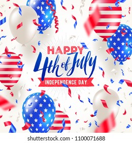 4th of July, Independence day - greeting card design. USA patriotic colors balloons and confetti. Vector illustration.