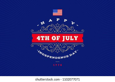 4th of July, Independence day - greeting design with flourishes ornamental frames. Vector illustration.