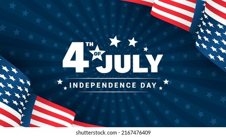 4th of July Independence Day greeting card vector illustration. USA flag frame on navy blue star rays background