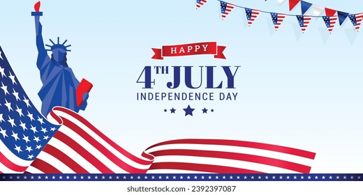 4th of July Independence Day greeting banner, background, template with usa waving flag, bunting decoration. Vector illustration.