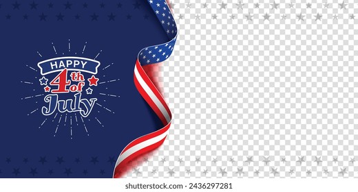 4th of July independence day greeting poster, template, banner with transparent empty, blank, copy space for text or images with USA flag ribbon. Vector illustration.