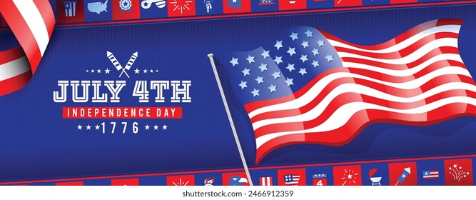 4th of July Independence Day greeting background banner, illustration with usa waving flag, ribbon, and various American cultural icons on a blue background. Vector illustration.


