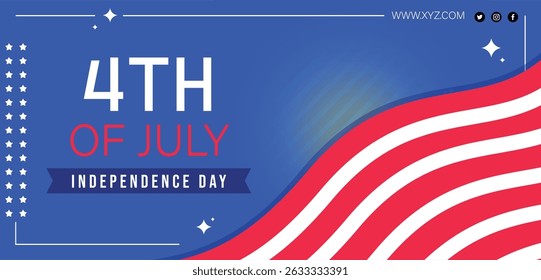 4th of July Independence Day greeting card vector illustration. USA flag frame on navy blue star rays background
