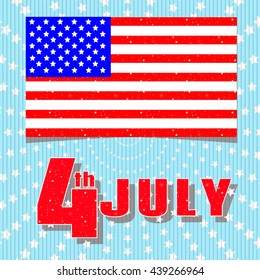 4th of July Independence Day. Greeting card with a holiday Independence Day July 4th. Blue background with a radial pattern from the stars. American flag and the words 4th of July. Vector illustration