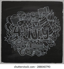 4th July Independence Day hand lettering and doodles elements chalkboard background. Vector illustration
