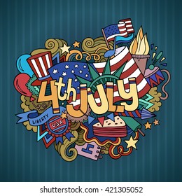 4th July Independence Day hand lettering and doodles elements background. Vector illustration