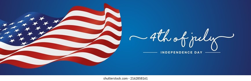 4th of july Independence day handwritten typography text USA wavy flag blue background banner