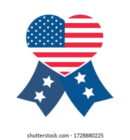 4th of july independence day, heart shaped american flag ribbon with stars vector illustration flat style icon