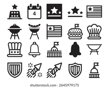 4th of July Independence Day Icon Set Patriotic Celebration Symbols and American Holiday Elements