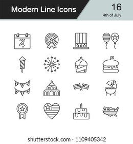 4th of July, independence day icons. Modern line design set 16. For presentation, graphic design, mobile application, web design, infographics. Vector illustration.