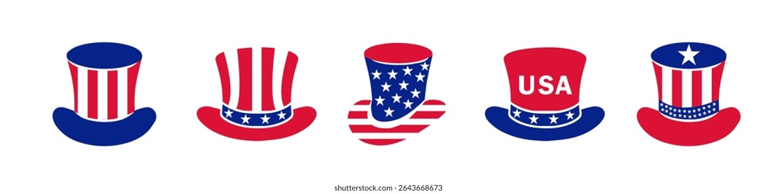 4th july Independence Day icons collection .Red, blue hats for 4th of July .Fourth of July elements .United States of America celebration bundle set. USA flag,fireworks. Uncle Sam hat.