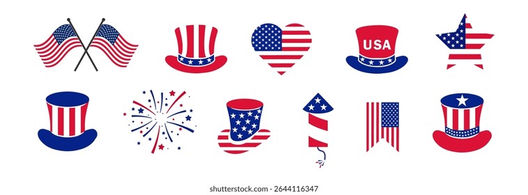 4th july Independence Day icons collection .Red, blue fireworks for 4th of July .Fourth of July elements .United States of America celebration bundle set. USA flag,fireworks,Uncle Sam hat,popper.