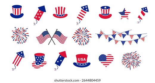 Coleção de ícones do Dia da Independência de 4 de julho .Vermelho, fogos de artifício azuis para 4 de julho .Elementos de 4 de julho .Conjunto de festividades dos Estados Unidos da América. Bandeira dos EUA, fogos de artifício, chapéu do tio Sam, popper.