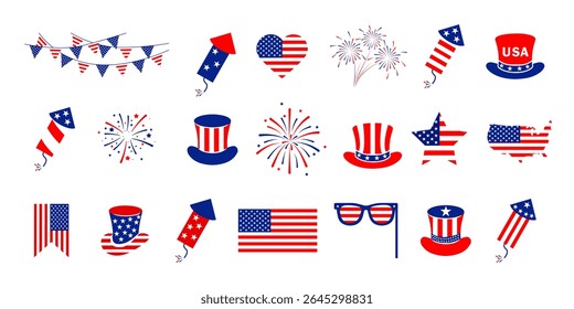 Coleção de ícones do Dia da Independência de 4 de julho .Vermelho, fogos de artifício azuis para 4 de julho .Elementos de 4 de julho .Conjunto de festividades dos Estados Unidos da América. Bandeira dos EUA, fogos de artifício, chapéu do tio Sam, popper.

