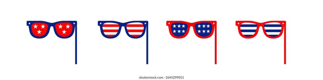 4th july Independence Day icons collection .Red, blue sunglasses for 4th of July .Fourth of July elements .United States of America celebration bundle set. USA flag .