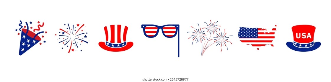 Coleção de ícones do Dia da Independência de 4 de julho .Vermelho, fogos de artifício azuis para 4 de julho .Elementos de 4 de julho .Conjunto de festividades dos Estados Unidos da América. Bandeira dos EUA, fogos de artifício, chapéu do tio Sam, popper.