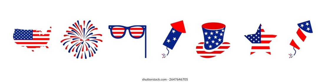  Coleção de ícones do Dia da Independência de 4 de julho .Vermelho, fogos de artifício azuis para 4 de julho .Elementos de 4 de julho .Conjunto de festividades dos Estados Unidos da América. Bandeira dos EUA, fogos de artifício, chapéu de tio Sam, popper