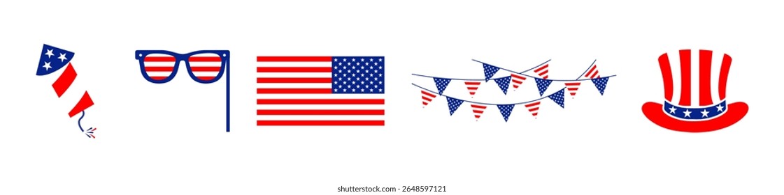  Coleção de ícones do Dia da Independência de 4 de julho .Vermelho, fogos de artifício azuis para 4 de julho .Elementos de 4 de julho .Conjunto de festividades dos Estados Unidos da América. Bandeira dos EUA, fogos de artifício, chapéu do tio Sam, popper.