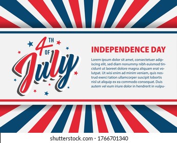 4th Of July Independence Day Lettering Typography Vector Background. Illustration For USA National Holiday. Celebration Text, Border And Sunburst. Poster, Greeting Card, Banner Design