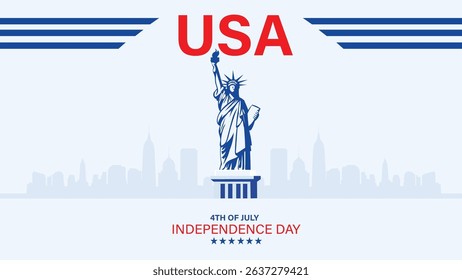 4th of July independence day minimalist poster, banner, flyer, background, template. USA flag waving ribbon, flat art and american city scape in the background.