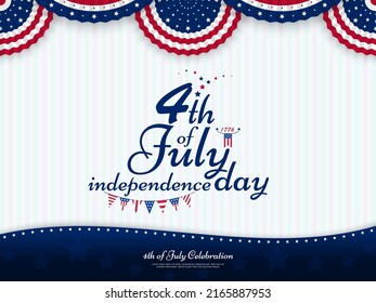 4th Of July, Independence Day With Pennant Flag And Patriotic Bunting On Soft Color Background, Vector Template For Banner, Flyer, Greeting Card, Poster.