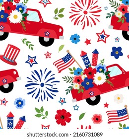 4th of July Independence day pickup truck with flowers, crackers, and sparklers seamless pattern. Isolated on white background. American Independence Day, 4th of July holiday themed design.