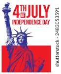 4th of July independence day poster, banner, flyer, background, template, with the greetings, and usa flag waving, for social media post decoration feed or story, red and blue