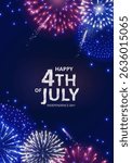 4th of July Independence Day poster. Shining red, blue and green fireworks backgrounds. American flag colors. Dark blue night sky. Happy 4th of July text. Great for social media banners, cards. Vector