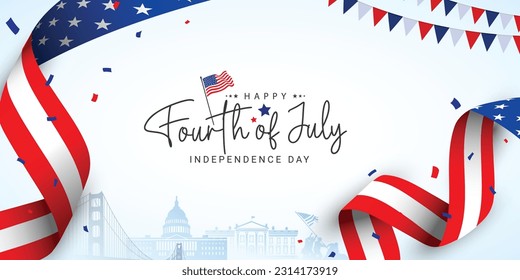 4th of July independence day poster, banner, flyer, background, template, with the greeting, usa flag waving ribbon, bunting decoration, and American famous landmarks in the background. - Shutterstock ID 2314173919