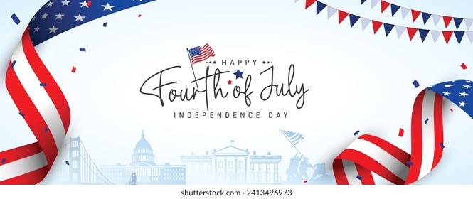 4th of July independence day poster, banner, flyer, background, template, with the greeting, USA flag waving ribbon, bunting decoration, and american famous landmarks in the background.