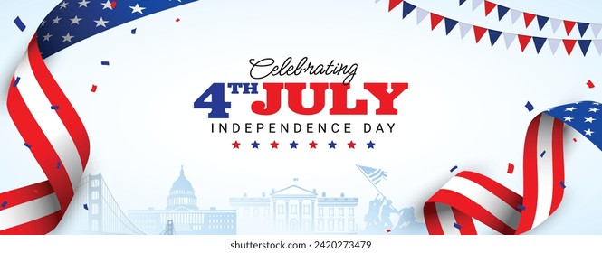 4th of July independence day poster, banner, flyer, background, template, with greeting, USA flag waving ribbon, bunting decoration, and American famous landmarks in the background.