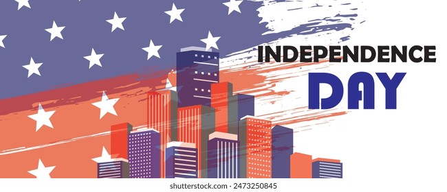 4th of July independence day poster, banner, flyer, background, template, with the greeting, USA cityscape on a navy blue background. Vector illustration. EPS editable file 