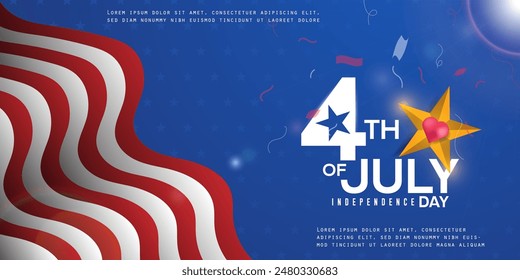 4th of July Independence Day poster USA flag with golden star banner design vector illustration.