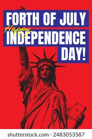 4th of July independence day poster, banner, flyer, background, template, with the greetings, and liberty statue illustration, for social media post decoration feed or story, red and blue