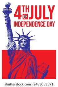 4th of July independence day poster, banner, flyer, background, template, with the greetings, and usa flag waving, for social media post decoration feed or story, red and blue