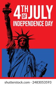 4th of July independence day poster, banner, flyer, background, template, with the greetings, and liberty statue illustration, for social media post decoration feed or story, red and blue