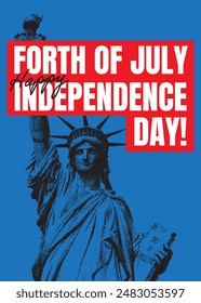 4th of July independence day poster, banner, flyer, background, template, with the greetings, and liberty statue illustration, for social media post decoration feed or story, red and blue