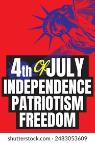 4th of July independence day poster, banner, flyer, background, template, with the greetings, and liberty statue illustration, for social media post decoration feed or story, red and blue