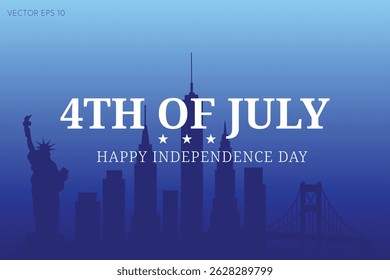 4th of July Independence Day Poster with Statue of Liberty City Skyline and Blue Background