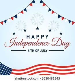 4th of July independence day poster, banner, flyer, background, template, with the greeting, USA flag waving ribbon, bunting decoration, fireworks in the background, stars, red white and blue color.