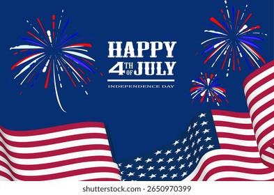 4th of July independence day poster, banner, flyer, background, template with greeting, US flag waving ribbon, red, blue and white fireworks decoration looks elegant