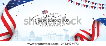 4th of July independence day poster, banner, flyer, background, template, with the greeting, USA flag waving ribbon, bunting decoration, and american famous landmarks in the background.